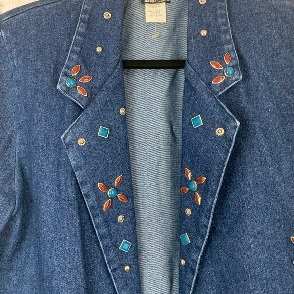 VINTAGE 80s Western Crackle Stone Embellished Denim Blazer Jacket Size 10 - Picture 11 of 12